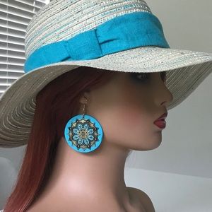 Turquoise blue wooden 2” round earrings summer